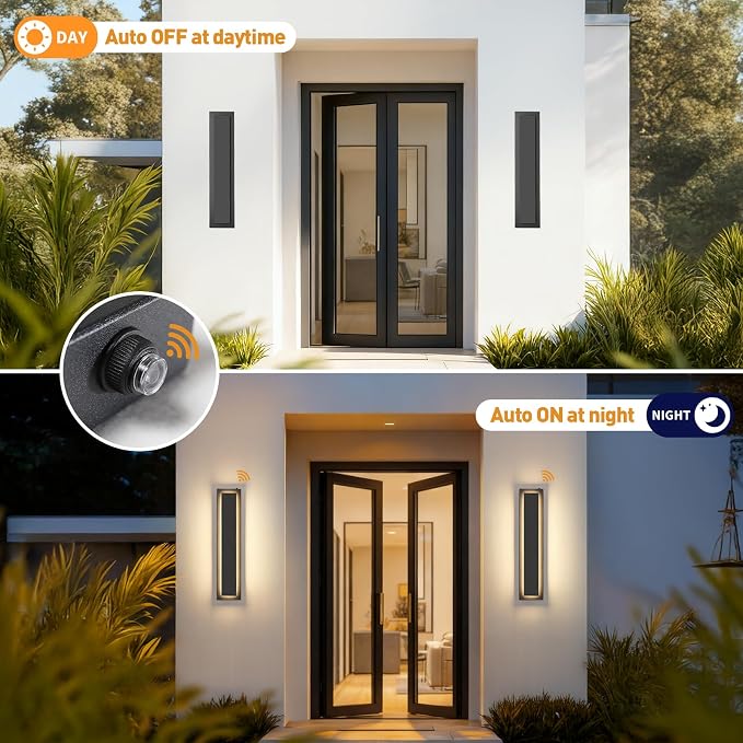 23.6'' Dusk to Dawn Outdoor Wall Lights, Modern Black LED Outdoor Wall Sconce, Large Long Exterior Lighting Fixtures Outside Porch Lights for House, Garage, Warm White 3000K, 1 Pack
