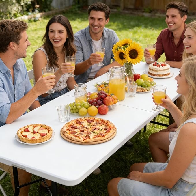 SUPER DEAL 8FT Folding Picnic Table for Indoor Outdoor, Portable Fold-in-Half Plastic Dining Camping Party Table with Carrying Handle