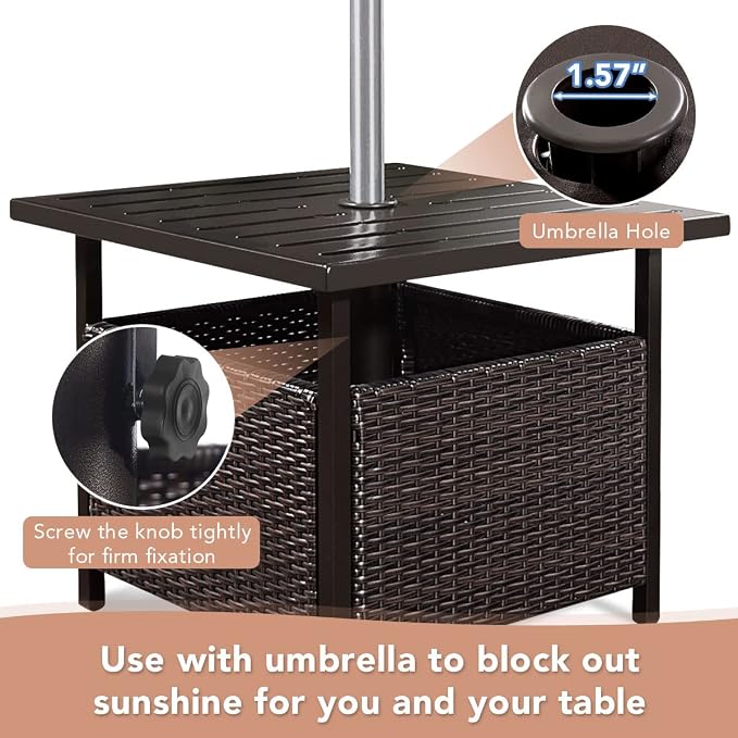 MAT EXPERT Umbrella Table with Hole, Outdoor Side Table w/ 1.57” Umbrella Hole, Steel Frame, Wicker Patio Umbrella Side Table Lawn/Garden/Poolside/Deck/Backyard, 22”x22”x18.5