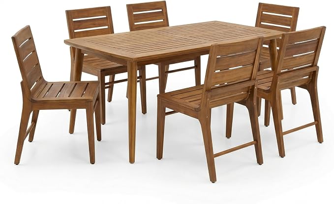 Christopher Knight Home 7 Piece Outdoor Dining Set, 71" Acacia Wood Patio Table with 6 Wooden Chairs, Teak Finish Solid Wood Dining Table Set for Backyard Garden Porch Deck