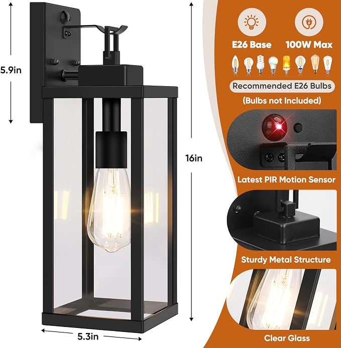 2-Pack 16” Upgraded Motion Sensor Outdoor Wall Lights, Black | Auto ON/OFF, 3 Lighting Modes, Waterproof, Rust-Resistant, Durable Metal & Clear Glass, Standard E26 Sockets, Easy to Install