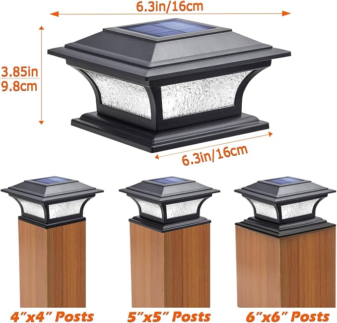 SIEDiNLAR Solar Post Lights Outdoor Glass LED Fence Cap Light 2 Modes for 4x4 5x5 6x6 Posts Deck Patio Garden Decoration Warm White/Cool White Lighting Black (4 Pack)
