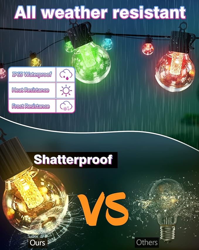FREECUBE 50FT Solar String Lights Outdoor Waterproof, 25LEDs G40 Globe Shatterproof Bulbs,Warm White & Multicolor,8 Modes,Timer, Solar Powered Patio Lights for Backyard, Porch, Garden, Wedding Decor