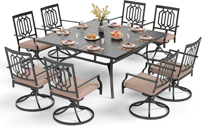 PHI VILLA 9 Pcs Outdoor Dining Set, 57.5" Steel Table, Black | 57.5" wrought iron table w/ umbrella hole &8 swivel chairs w/ cushions . Weather-resistant e-coated frame.Perfect for patio