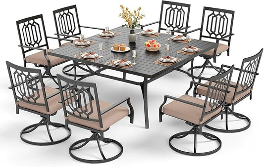 PHI VILLA 9 Pcs Outdoor Dining Set, 57.5" Steel Table, Black | 57.5" wrought iron table w/ umbrella hole &8 swivel chairs w/ cushions . Weather-resistant e-coated frame.Perfect for patio