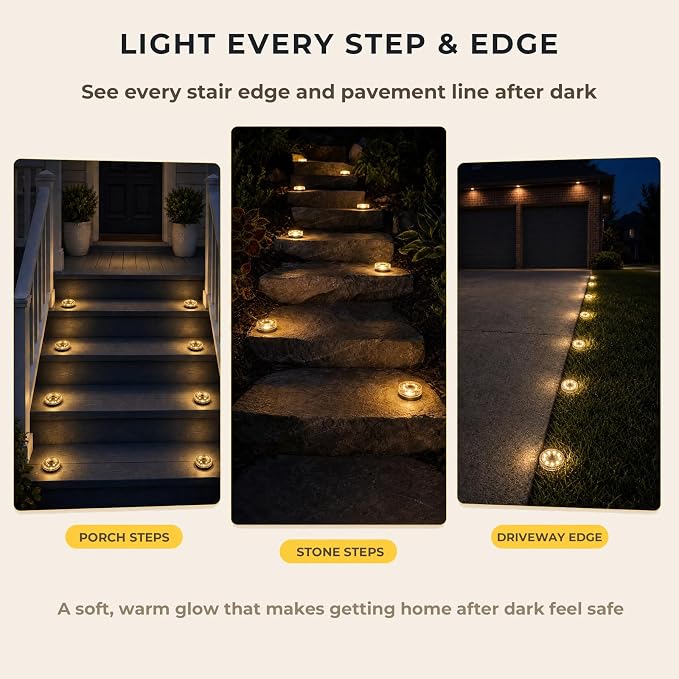 Real Glass Solar Ground Lights, Stake or Wall Mount 2-in-1, 2 Pack | Warm White Disc Lights, Waterproof IP65 Deck Light, Step Fence Garden Lamp, Auto Dusk to Dawn for Driveway Patio Yard
