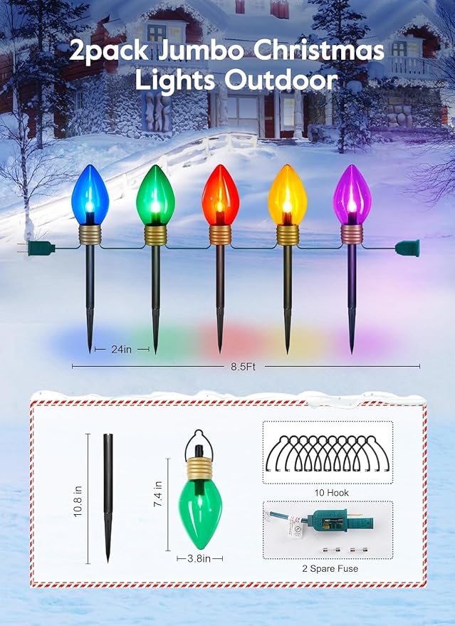 Jumbo C9 Christmas Pathway Lights Outdoor,2Pack Total 17FT C9 Walkway Light | 10 LED Multicolor Bulb Holiday Pathway Light with Marker Stake, Connectable Christmas Lights Outdoor Decoration for Lawn Yard