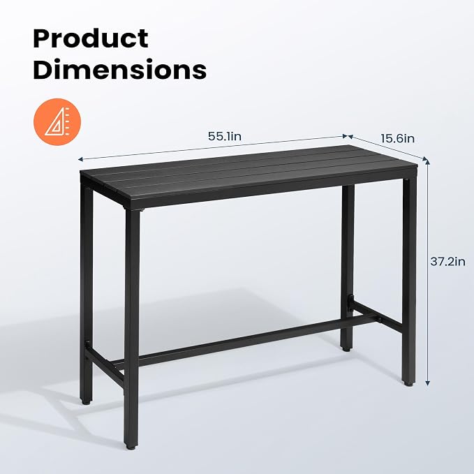 Outdoor Bar Table 55" All-Weather Patio Bar Table with Metal Frame and Waterproof Wood-Like Tabletop Outdoor Console Table for Balcony Yard Garden Bistro Hot Tub Use(Black)