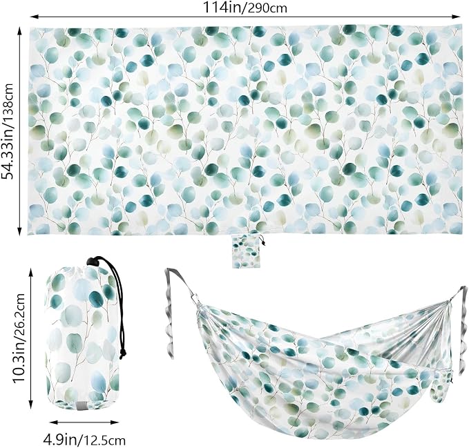 Camping Hammock Outdoor Hammocks for Outside Eucalyptus Leaf Watercolor Beach Trees Portable Lightweight with Pockets Tree Straps Indoor