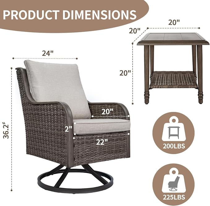 Loungewave Swivel PE Wicker Chairs, 3 Piece Patio Furniture Set, Outdoor Swivel Chairs Set of 2 with Rattan&Metal Side Table, Outdoor Furniture Set for Porch Balcony Garden Poolside (Brown/Beige)