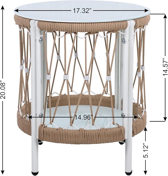 BohoChic Outdoor Side Table - Handwoven Rope & Tempered Glass Top Table with Powder-Coated Steel Frame, 20" Small Desk Size for Patio/Poolside(Beige+Natural)