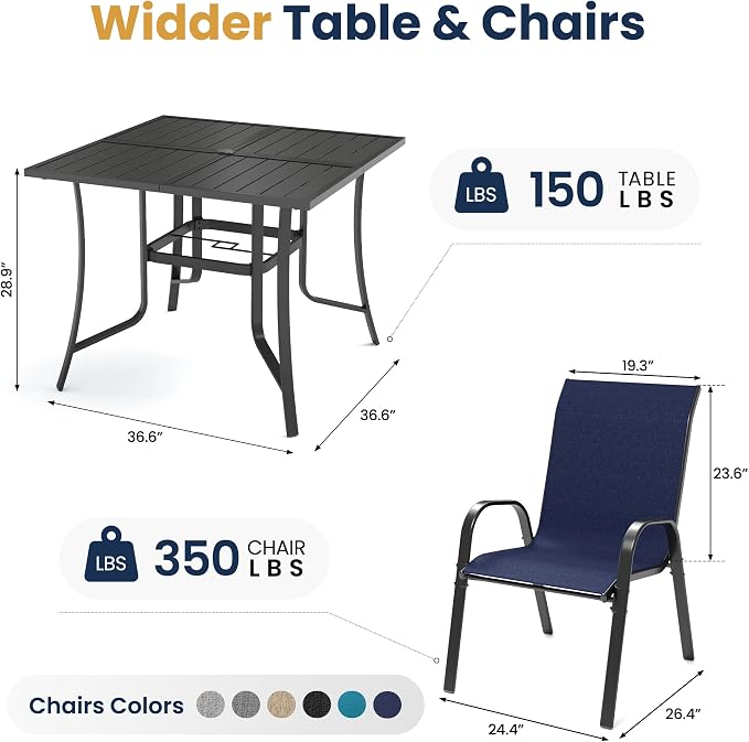 Amopatio 5 Pieces Patio Dining Set for 4, Outdoor Table and Chairs, 4 All Weather Stackable Patio Chairs, 36" Patio Spliced Square Table with Umbrella Hole, for Deck, Backyard, Garden,Blue