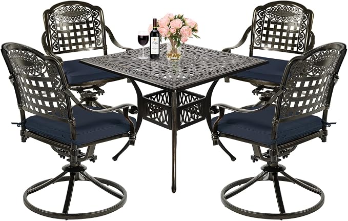 MEETWARM 5-Piece Outdoor Patio Dining Set, All-Weather Cast Aluminum Patio Conversation Set with 4 Cushions Swivel Rocker Chairs for Backyard Garden Deck and 35.4" Square Table, Navy Blue