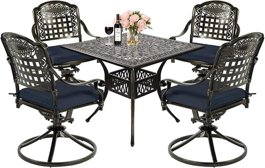 MEETWARM 5-Piece Outdoor Patio Dining Set, All-Weather Cast Aluminum Patio Conversation Set with 4 Cushions Swivel Rocker Chairs for Backyard Garden Deck and 35.4" Square Table, Navy Blue