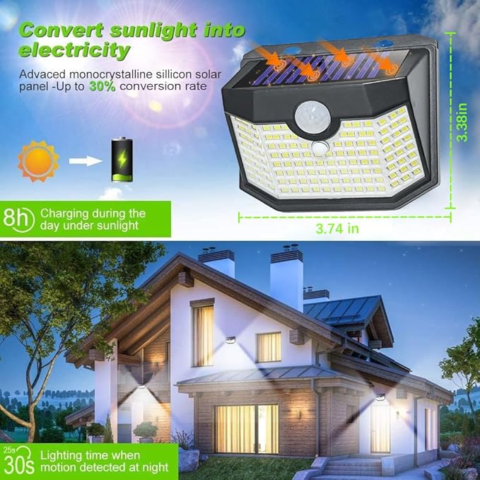 HMCITY Outdoor Solar Lights 120 LED with Motion Sensor and 3 Lighting Modes, IP65 Waterproof, 130 ° Wide Solar Wall Lights Powered for Garden Patio(Front Button 10Packs, Black Shell-Daylight White)