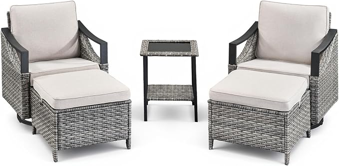 5 Pieces Wicker Outdoor Patio Furniture Set-All-Weather Wicker Patio Swivel Glider Chairs with 2 Ottoman and Glass Side Table, Outdoor Patio Conversation Sets for Porch Balcony Deck Beige/Grey