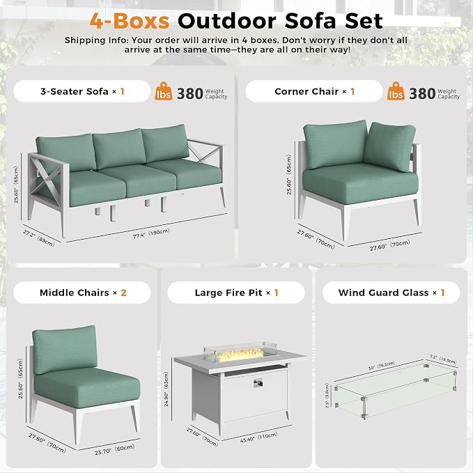 Aluminum Outdoor Patio Furniture Set with 43" Fire Pit Table, 7-Piece Outdoor Sectional with 5.2" Thick Cushions, Patio Conversation Sets for Backyard,(White,6 Seats)