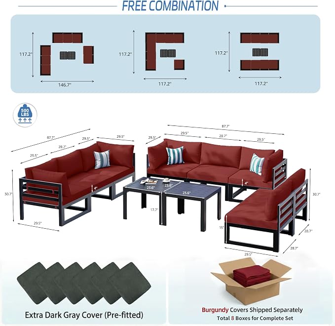 NICESOUL 8 Person Modern Aluminum Patio Furniture Set, 500 lbs Heavy Duty Sturdy Outdoor Sectional Sofa, 29" Deep Wide Large Seating, L Shaped Modular Conversation Couch for Garden Backyard, Burgundy