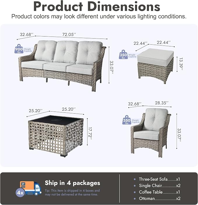 6 PCS Patio Furniture Set, Deep Seat High Back Outdoor Conversation Set with Ottomans, Wicker Outside Furniture with Solar Light Coffee Table for Porch Backyard Balcony, Sunroom, Light Grey