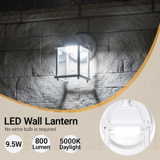 Outdoor Wall Light Fixture, Rustproof Aluminum, Clear Glass, LED | Exterior Porch Light Wall Sconce Lantern for House, Patio, Garage, Waterproof Anti-rust, 9.5W 800 Lumen, 5000K, White, 1 Pack