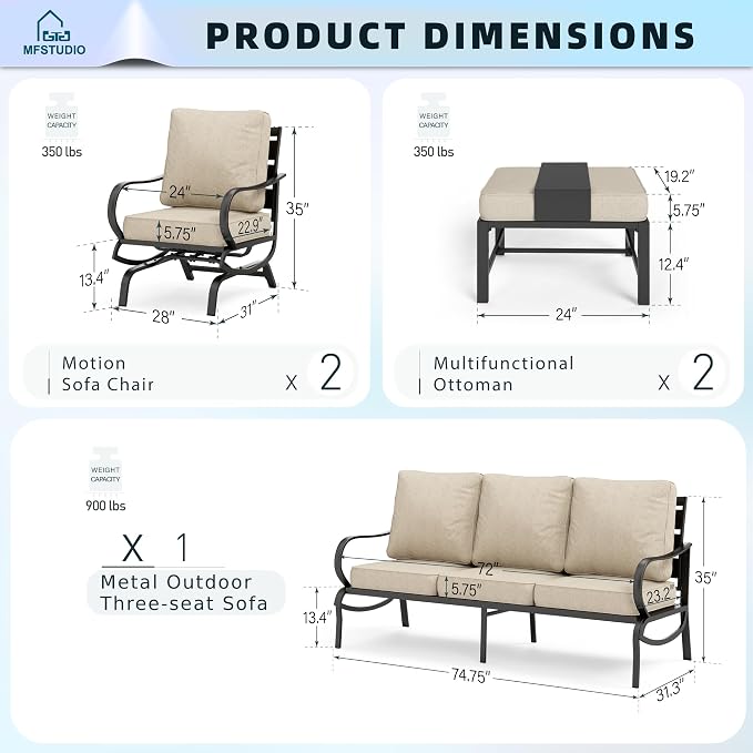 MFSTUDIO 5 Pieces Patio Conversation Sets,Outdoor Metal Furniture Sofas with 1 x 3-Seat Sofa, 2 x Rocking Chairs,2 x Ottoman,Wrought Iron Frame with Beige Cushion for Patio Courtyard Balcony