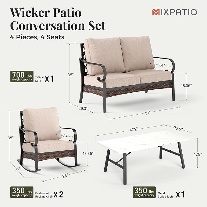 MIXPATIO Patio Furniture Set with Coffee Table, Outdoor Conversation Set with 2 x Rocking Chair, 1 x 2-Seat Sofa for Lawn Garden Backyard, Beige
