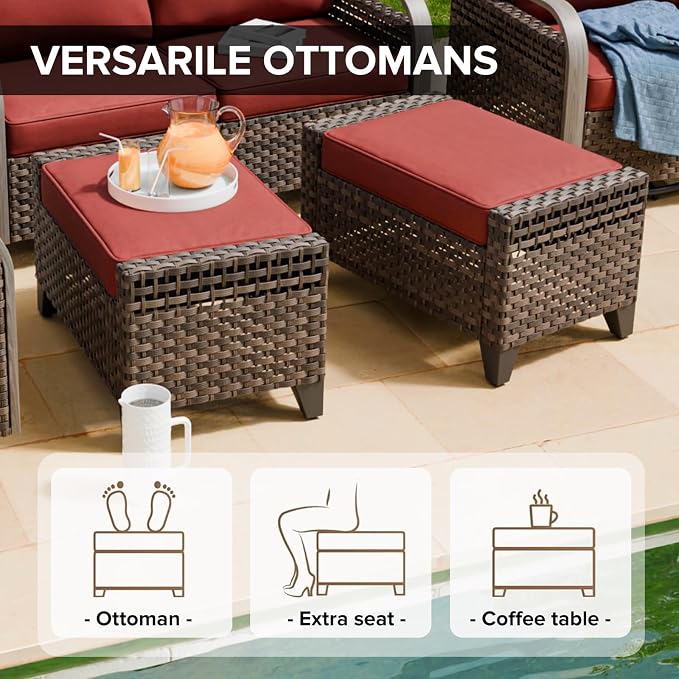COOS BAY Modern Wicker Outdoor Furniture Set, 3 Piece Patio Conversation Set with a Loveseat and 2 Ottomans, 3 Piece, Brown/Red