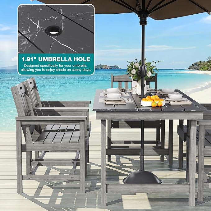 Mdeam 7-Piece HIPS Outdoor Dining Set, 66.9" Marble Texture Patio Table with Umbrella Hole, 440LBS Capacity, 6 Wider Chairs,Dining Table Set for 6, Outdoor Furniture with Galvanized Steel Frame, Grey