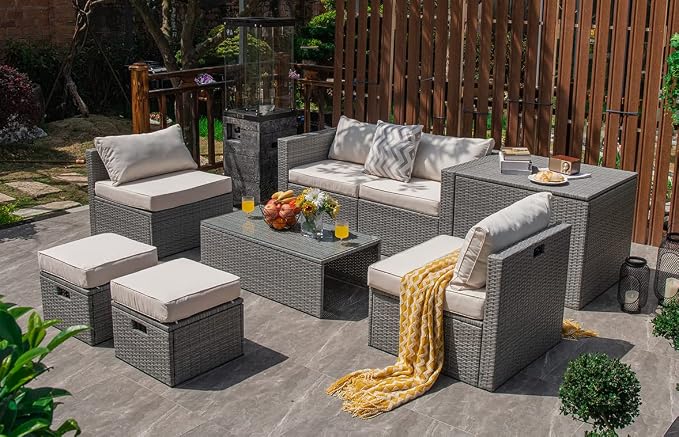 Tangkula 8 Piece Patio Wicker Furniture Set, Patiojoy Space Saving Outdoor PE Rattan Conversation Set with Storage Box & Waterproof Cover, Coffee Table, 2 Ottomans, 2 Armless Sofas & 2 Corner Sofas