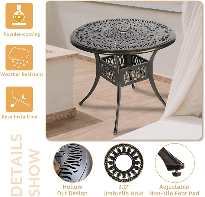 5 Piece Patio Dining Set, Outdoor Table and Chairs Set for 4 Cushioned Swivel Rocking Chairs and 35.4'' Round Table, All-Weather Cast Aluminum Patio Funiture Set, 2'' Umbrella Hole