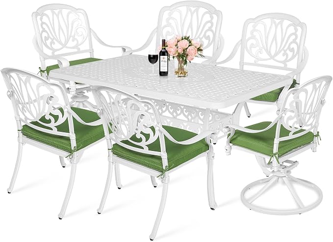 MEETWARM 7-Piece Outdoor Patio Dining Set, All-Weather Cast Aluminum Patio Conversation Set with 2 Swivel Rocker Chairs, 4 Stationary, 1 Rectangular Table, 6 Cushions, 2" Umbrella Hole, White