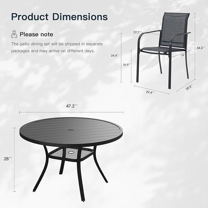 VICLLAX 7 Pieces Patio Outdoor Dining Set, 47.2" Round Metal Table with Umbrella Hole and 6 Stackable Textilene Chairs for Pergola, Lawn, Garden, Porch, Grey Chair