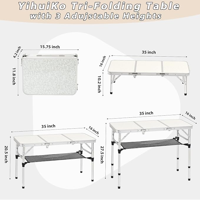YihuiKo 3ft Aluminum Folding Picnic Table - Lightweight & Portable Outdoor Table with Adjustable Height, Storage Net for Camping, Backyard, RV Trips