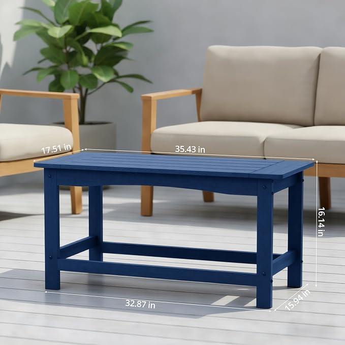 Blue Outdoor Coffee Table for Patio 35.4 x 17.5 x 16.1 Poly Lumber | 250 lb All-Weather HIPS Rectangle Patio Coffee Table, Stainless Steel Hardware, 1-Year Warranty for Deck Porch Poolside