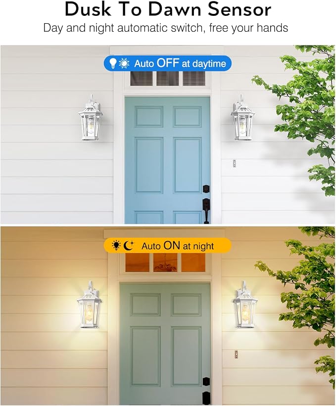 VIANIS Outdoor Porch Lights - Dusk to Dawn Exterior Wall Lights, 100% Anti-Rust Aluminum Waterproof, White Sconce Lanterns for Garage