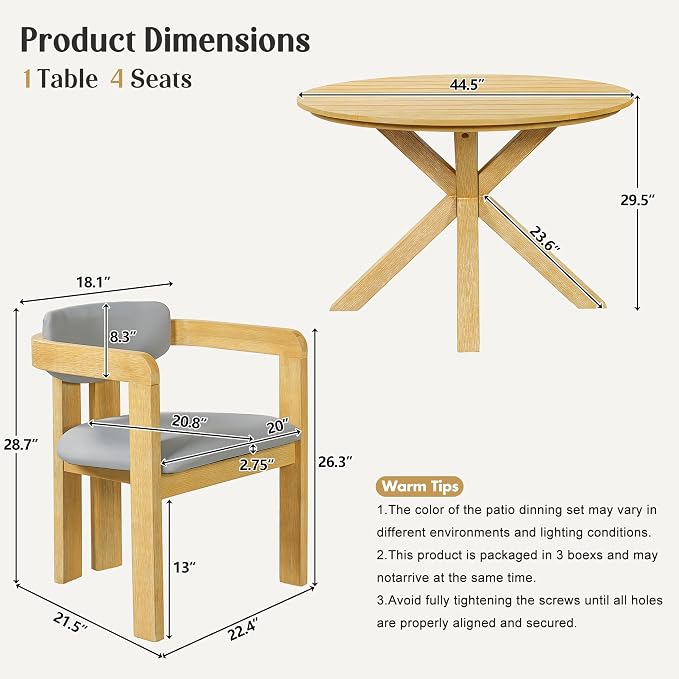 Christopher Knight Home Katy Modern 5 Piece Outdoor Dining Set, Round Dining Table Set for 4 with Chairs, Acacia Wood Patio Furniture Set with Barrel Chairs and Seat & Back Cushions, Grey+Natural