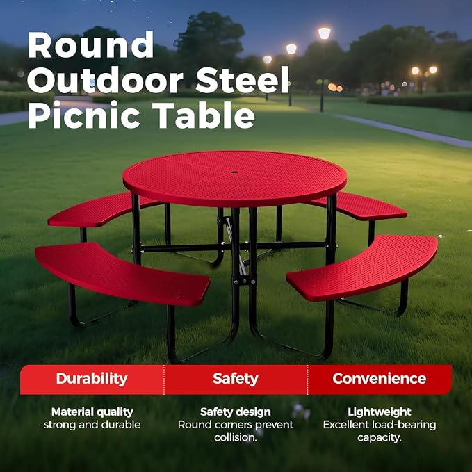 46" Coated Round Metal Picnic Table for 4-8 Person, Durable Heavy Duty Commercial Picnic Table with Umbrella Hole for Outdoor Coffee Shop, School, Easy to Install, Red