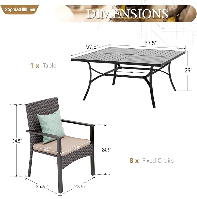 Sophia & William 9pc Square Patio Dining Set for 8, Rattan Chairs | Patio Table Set for 8, Metal Table with Umbrella Hole, Wicker Chairs, Rust-Resistant Frame