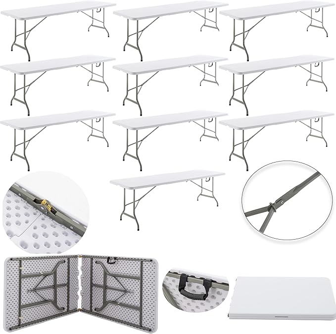 BTEXPERT Set of 10, 8 Foot Plastic Folding Table Portable 96" Long Table for Indoor Outdoor Events Banquet Dining Party Rectangular Carrying Handle 30" Wide, 29" High White