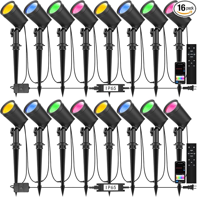 SUNTHIN 16 Pack Smart RGBW Landscape Lights, Color Changing LED Spot Lights | App & Remote Control Outdoor Yard Lighting, Compatible with Alexa & Google Home, IP65 Waterproof for Garden, Lawn, Trees