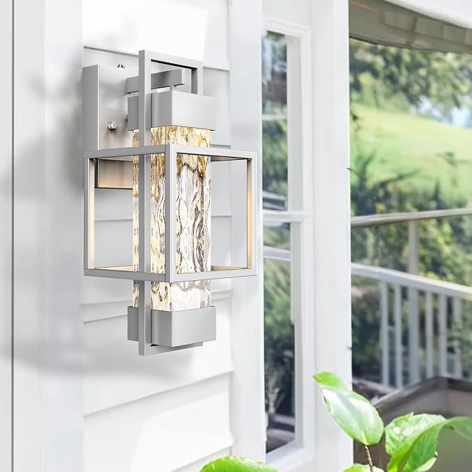 Modern Outdoor Light Fixtures Dusk to Dawn Outdoor Lighting 2 Pack, 15" Exterior Wall Sconce Waterproof Outside Porch Light for House with Water Glass for Garage Doorway Silver
