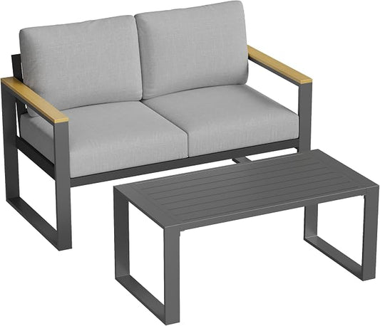 IDEALHOUSE Aluminum Outdoor Patio Furniture - 1 Pcs Loveseat and Coffee Table, All-Weather Metal Modern Outside Furniture with Washable Thick Cushion for Balcony, Garden, Deck, Backyard,Gray