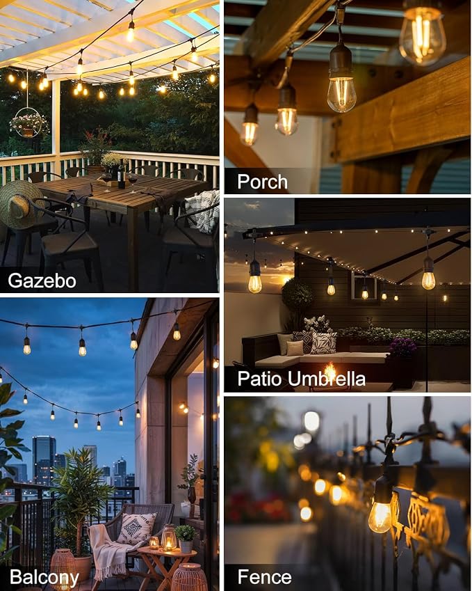 2W 25FT Outdoor String Light,Commercial Grade with 8+1 S14 LED Bulbs | Patio Lights Shatterproof Waterproof,2700K Warm White E26 Dimmable for Balcony Gazebo Porch Fence Garden Camping