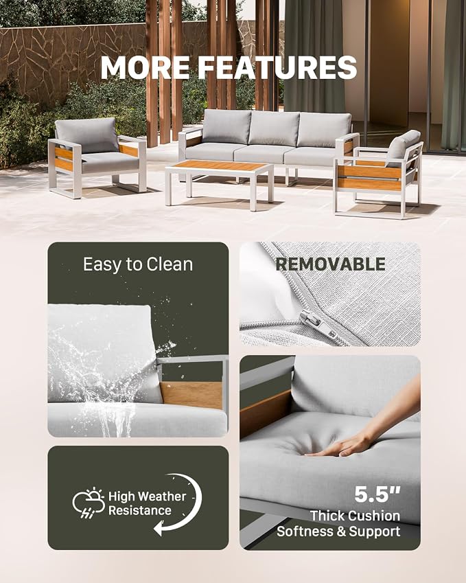 ZANDOR Aluminum Outdoor Patio Furniture Set with Coffee Table, 5 Seats Patio Conversation Sets with Washable Thick Cushions, Outdoor Sectional for Porch, Backyard, Deck, Garden & Poolside, Silver