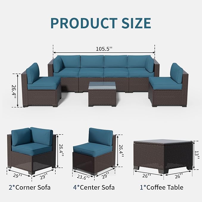 7 Piece Patio Furniture Set, Wicker Patio Conversation Sets, Outdoor Sectional Furniture with Tempered Glass Table, for Backyard, Deck, Garden, Dark Brown Rattan & Peacock Blue Cushions