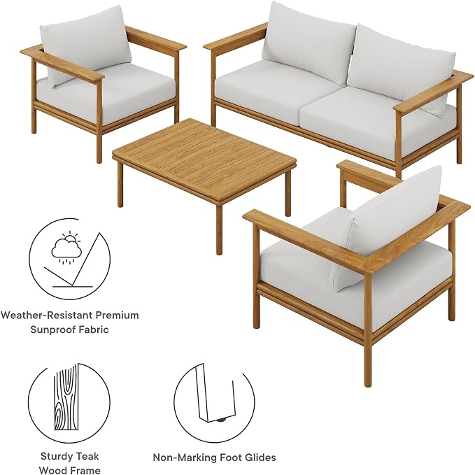 Modway Wren Teak Wood Outdoor Patio 4 Piece Furniture Set in Natural Sail