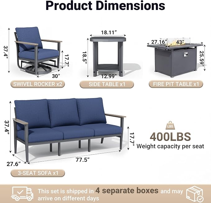 Aluminum Outdoor Patio Furniture Set, 5-Piece Outdoor Sofa with 5.1" Thick Cushions, Swivel Rocking Chairs, 55,000 BTU Propane Fire Pit Table, Outdoor Couch for Backyard, Balcony, Navy Blue
