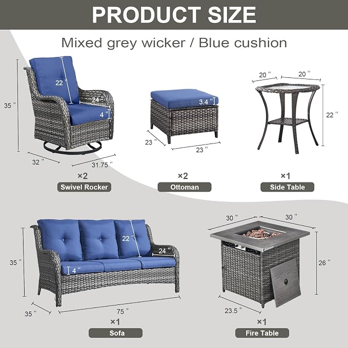 Belord Patio Furniture Set with Fire Pit Table,7 Piece Wicker Outdoor Furniture Set, Swivel Rocker Chairs with Ottomans and Sofa, All Weather Patio Conversation Set, for Pool,Yard,Gray Wicker/Blue