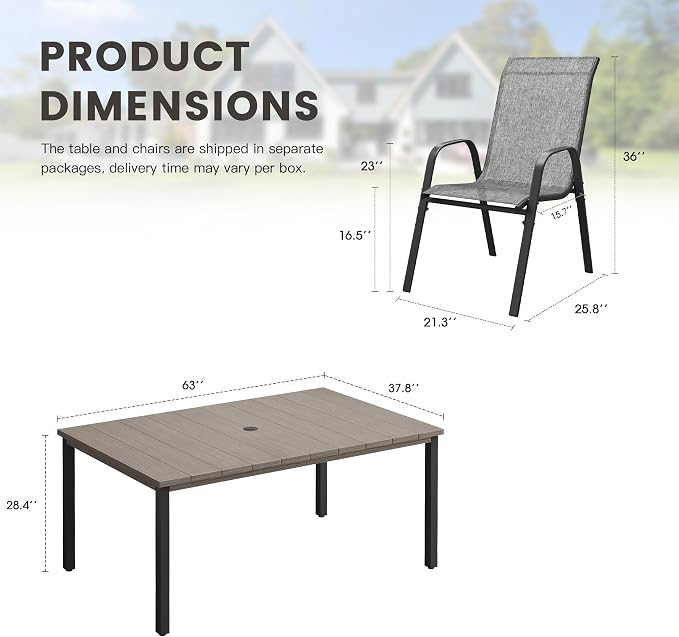 7 Pieces Outdoor Dining Set, 63" Rectangular Table with Umbrella Hole & Stackable Patio Dining Chairs, Patio Table and Chairs Set for Deck Garden Porch, Grey Chairs & Grey Table