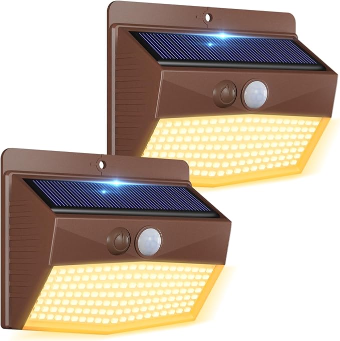 Solar Outdoor Lights, [2 Packs] Motion Sensor Security Lights with 3 Lighting Modes Wall Lights Waterproof Solar Powered Lights for Garden Yard, Brown Warm